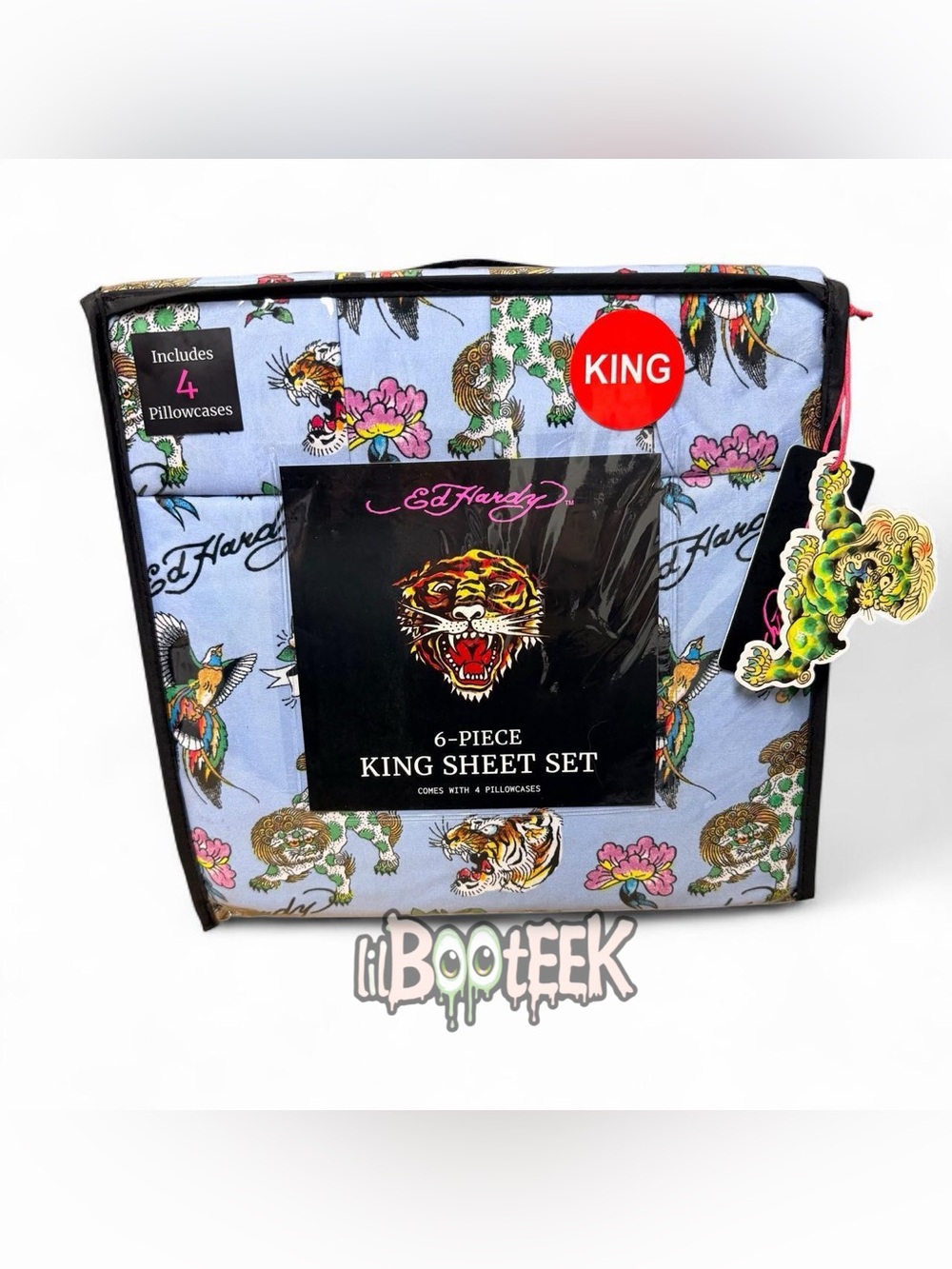 Ed Hardy 6-Piece King Sheet Set Blue w Floral Bird Tiger Print VIRAL Y2K